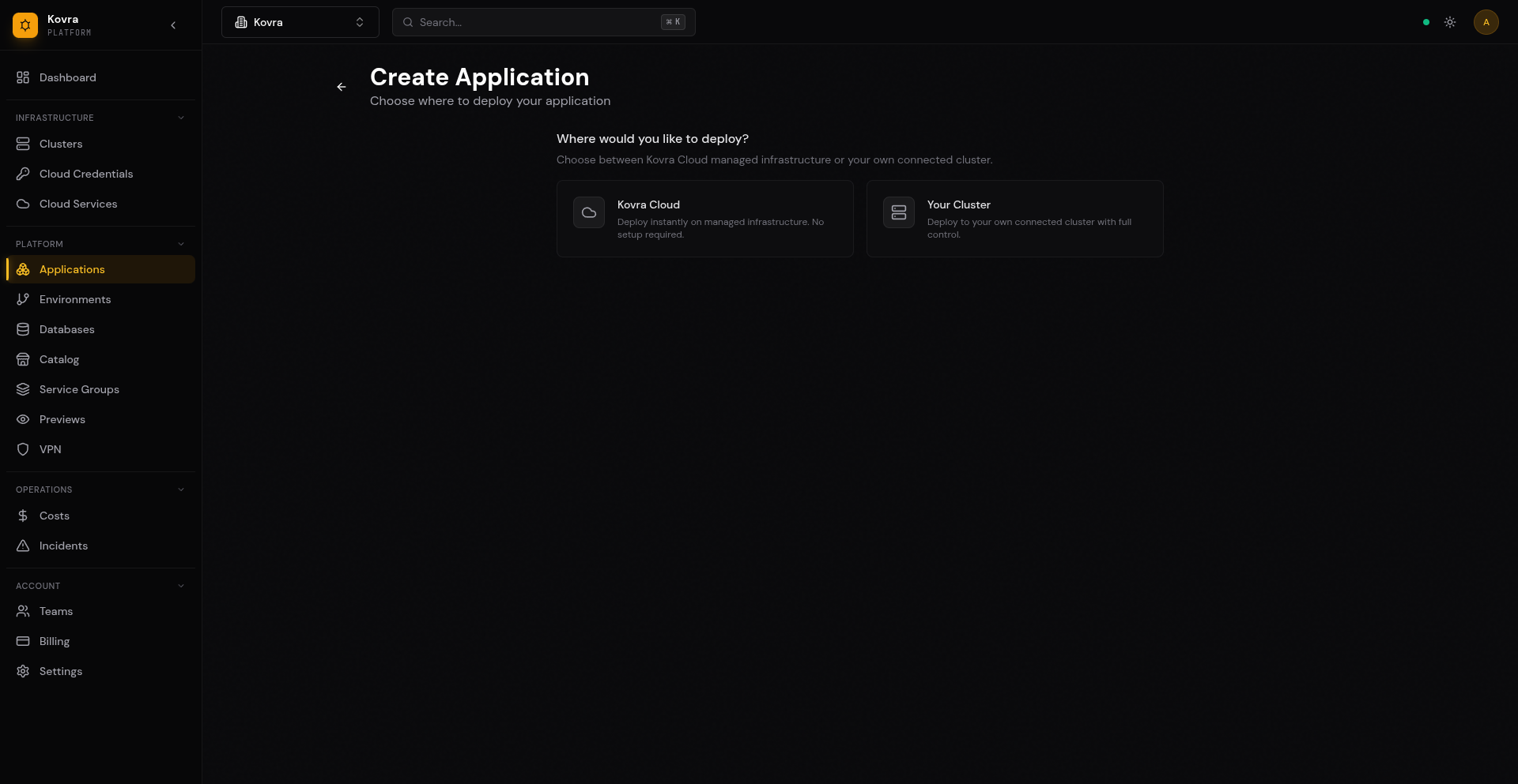 Create Application - Source Selection